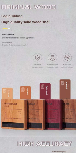MUVNA solid wood coffee scale with digital LED display and natural wood finish on kitchen countertop