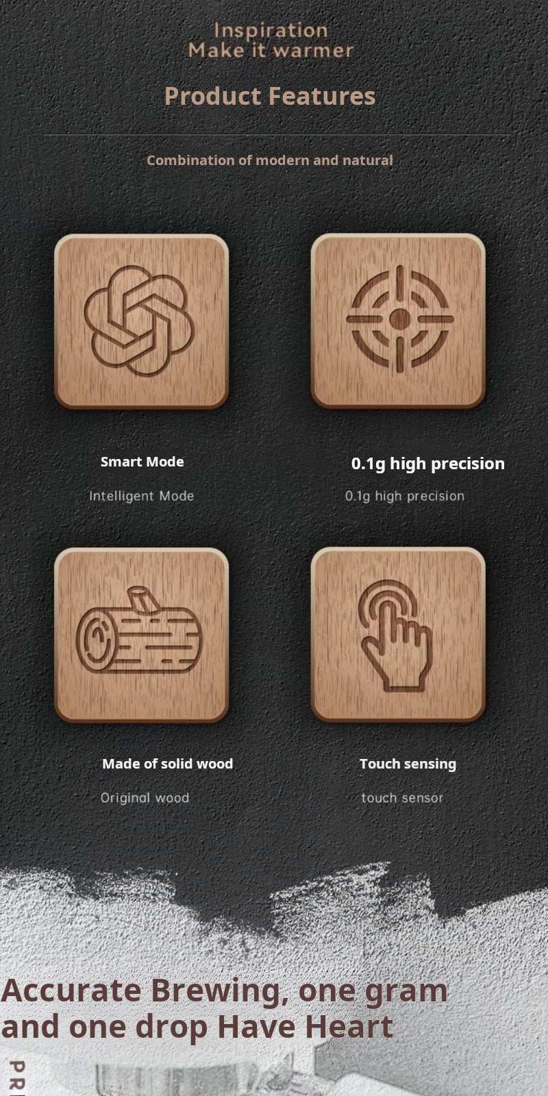 MUVNA solid wood coffee scale with dual-mode precision and invisible LED display on natural wood finish