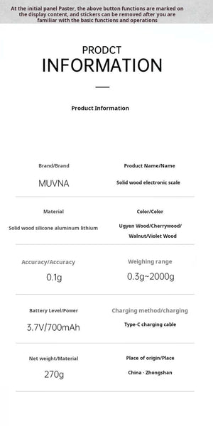 MUVNA professional solid wood coffee scale with LED display and type-C rechargeable battery