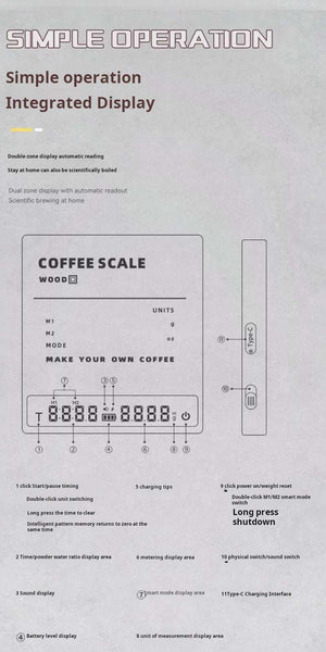 MUVNA solid wood coffee scale with digital LED display and espresso mode
