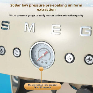 SMEG Espresso Coffee Machine with built-in grinder, milk frother, and 20 bar pressure in premium metal design