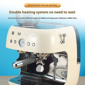 SMEG Espresso Coffee Machine with 20 bar pressure, built-in grinder, and milk frother in sleek metal design