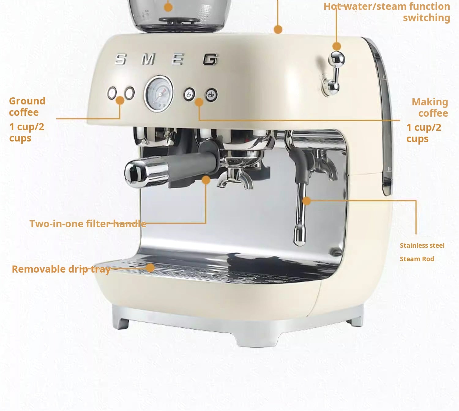SMEG Espresso Coffee Machine with Grinder 20 Bar Pressure, Built-in Grinder, Milk Frother (EGF03 Style) Semi Automatic Coffee Maker