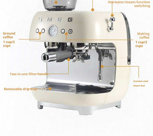 SMEG Espresso Coffee Machine EGF03 Style with built-in grinder, 20 bar pressure, milk frother, and sleek metal design