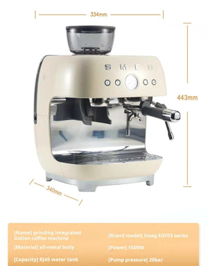 SMEG Espresso Coffee Machine EGF03 Style with built-in grinder, 20 bar pressure, milk frother, and premium metal design