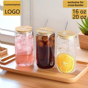 Amazon cross-border Can Shaped Glass Coffee Cup with bamboo lid and reusable straw, 500ml capacity for iced coffee and lattes