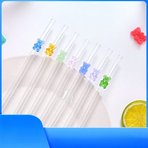 Transparent colored bear glass reusable drinking straws with gummy bear charms