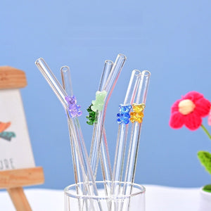 Transparent colored bear glass reusable drinking straw with gummy bear charm