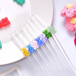 Transparent colored bear glass reusable drinking straws with gummy bear charms for eco-friendly coffee cups and tumblers