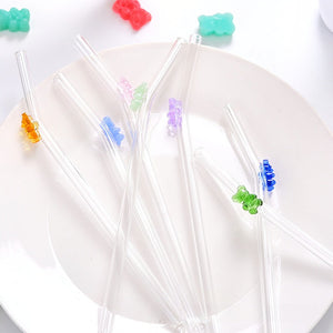 Transparent colored bear glass reusable drinking straws with gummy bear charms