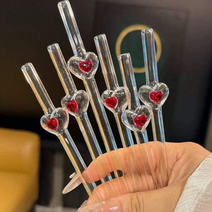 Exquisite red love straw glass coffee stirrer with heart design in cup