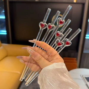 Exquisite red love straw glass coffee stirrer with heart design for cups and mugs