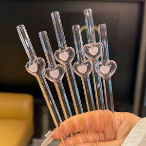 Transparent pink love straw glass tube ins high value design sense Internet celebrity style high temperature resistant drinking water for students