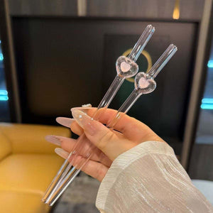 Transparent pink love straw glass tube ins high value design sense Internet celebrity style high temperature resistant drinking water for students