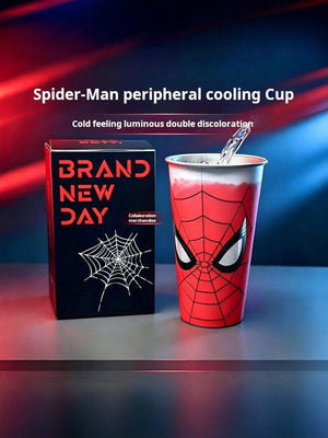 Spider-Man color changing tumbler with lid and straw showing red Spider-Man suit design