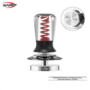 iKAPE spring loaded espresso tamper with ripple base and transparent handle for consistent tamping pressure