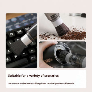 Wireless handheld coffee vacuum cleaner with brush and crevice attachments on a desk