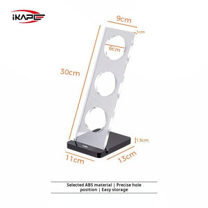 IKAPE Clear Acrylic espresso filter basket holder stand with 6 slots and black ABS base on countertop