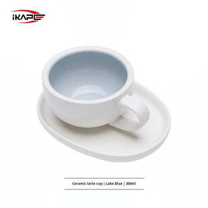 IKAPE Ceramic Coffee Cup with oval saucer, matte-white exterior and glazed interior, 300ml capacity