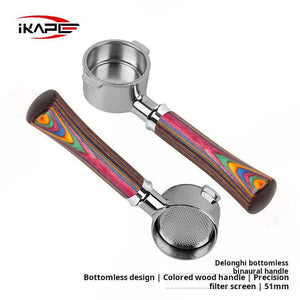 IKAPE Rainbow wood handle bottomless stainless steel espresso portafilter on white background