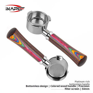 IKAPE Rainbow Wood Handle bottomless espresso portafilter with stainless steel and vibrant Aurora wood handle