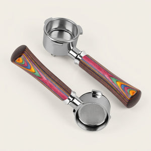 IKAPE bottomless portafilter, colored wood handle and filter head
