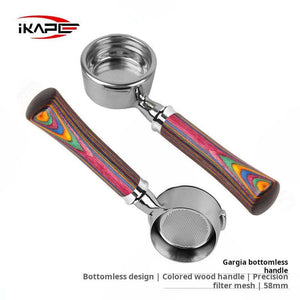 IKAPE Rainbow Wood Handle bottomless espresso portafilter with stainless steel filter and ergonomic multicolor wooden grip