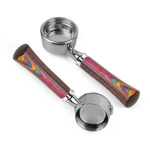 Espresso bottomless portafilter by IKAPE with multicolor wood handle