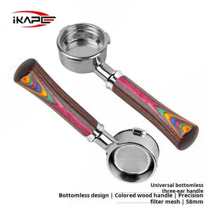 IKAPE Rainbow Wood Handle bottomless espresso portafilter with stainless steel and vibrant multi-colored wood grip