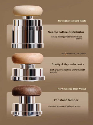 Timemore Wooden Espresso Tamper and Distributor Set with hardwood handles and stainless steel bases on a black surface