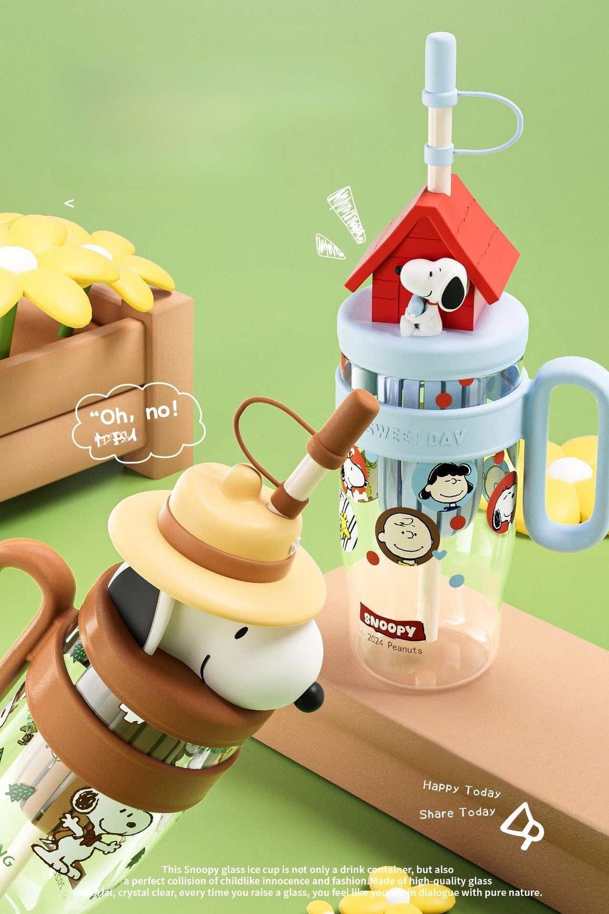 Snoopy Water Bottle 1060 ml with Straw, Tea Filter and Handle
