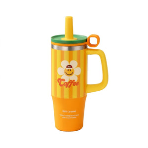 Person holding the Glasslock x Wiggle Wiggle striped insulated tumbler in a front view