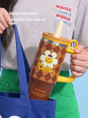 Person carrying the Brown Glasslock x Wiggle Wiggle tumbler in a blue bag