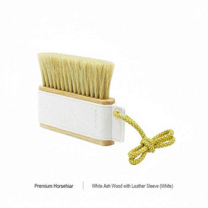 Wooden coffee cleaning brush with horsehair bristles and leather sleeve