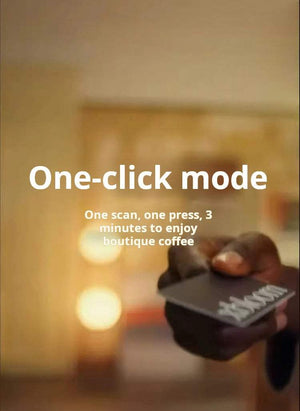 Close-up showing xBloom Studio one-click mode with NFC card scanning for easy brewing.