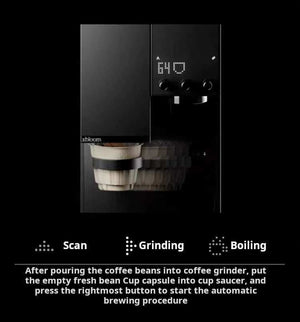 Infographic of xBloom Studio process showing scanning, grinding, and boiling stages.