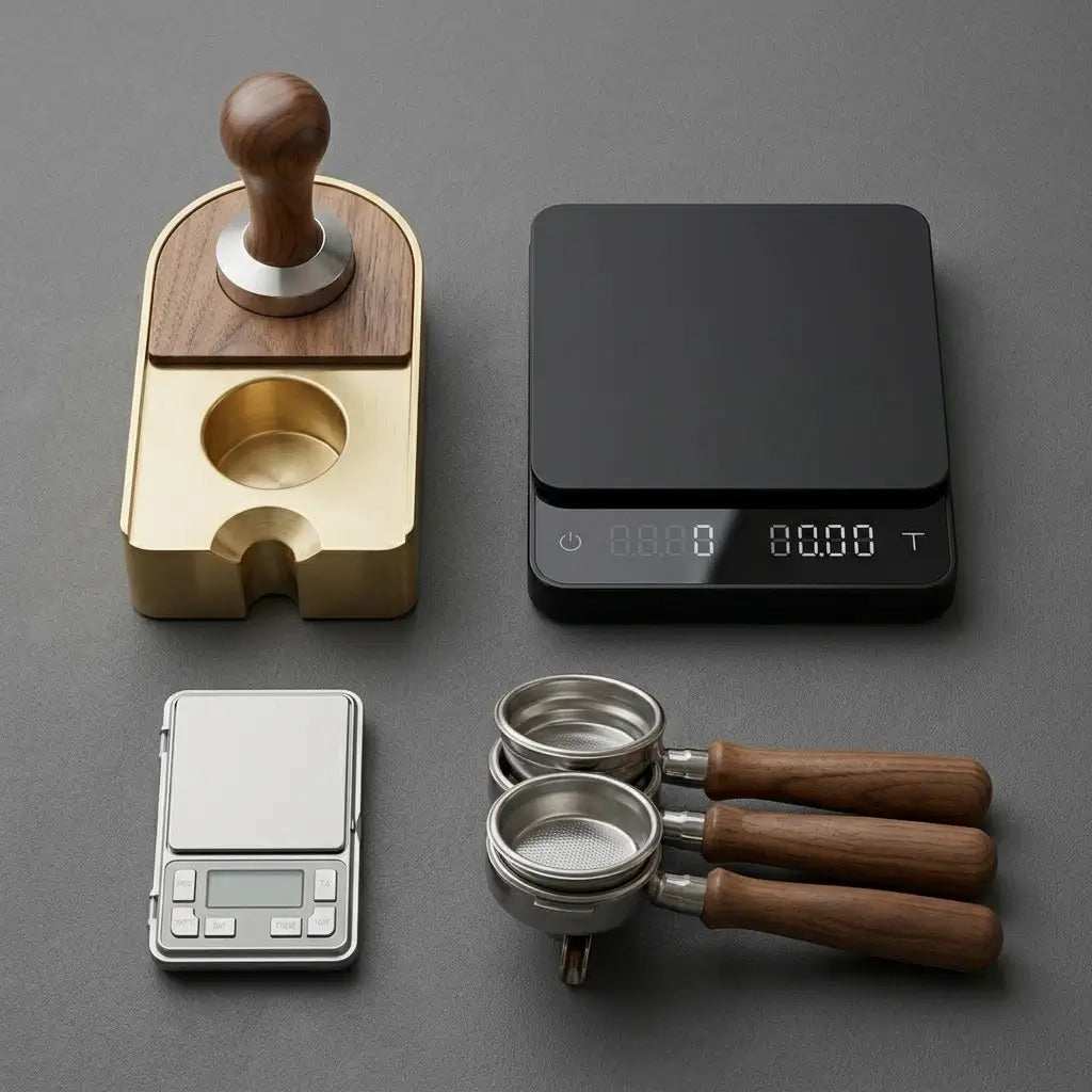 assorted coffee accessories including grinder and cups