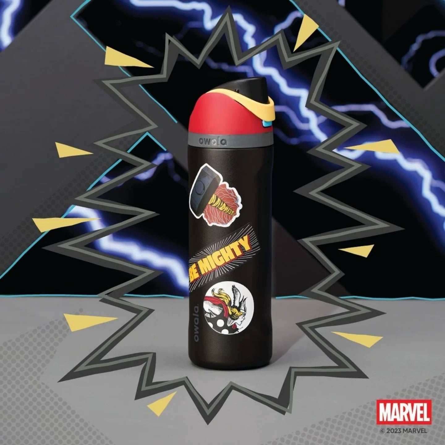 Owala 24oz FreeSip Water Bottle with Marvel Captain America design and matching character stickers
