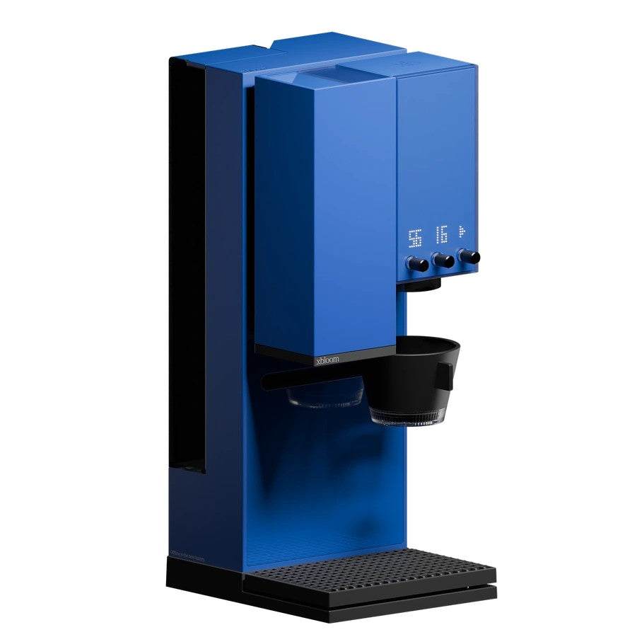 xBloom Studio pour-over coffee machine in blue, front three-quarter view with the black filter cup
