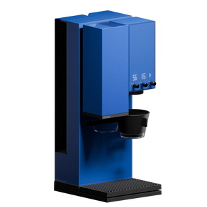 Blue xBloom Studio automatic pour-over coffee maker, angled front view with the black filter cup