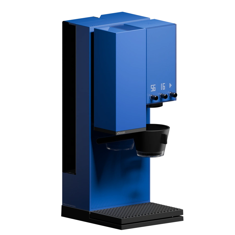 Blue xBloom Studio automatic pour-over coffee maker, angled front view with the black filter cup