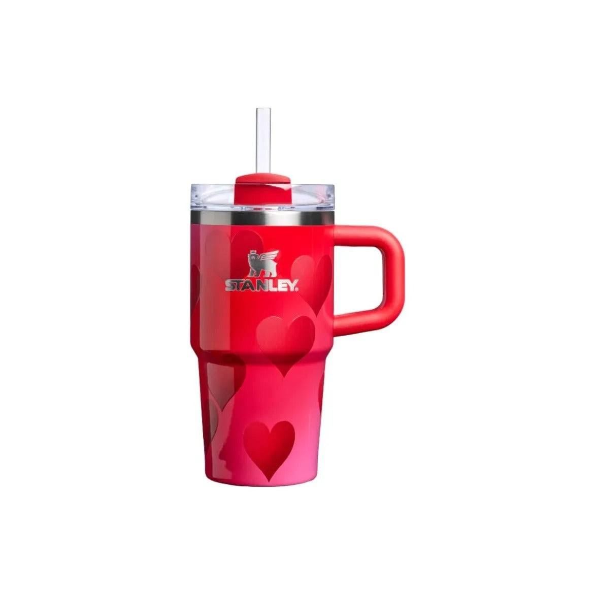 Stanley Flowstate Tumbler Sweetheart Poppy Edition with pink to red gradient and heart motifs, insulated travel mug