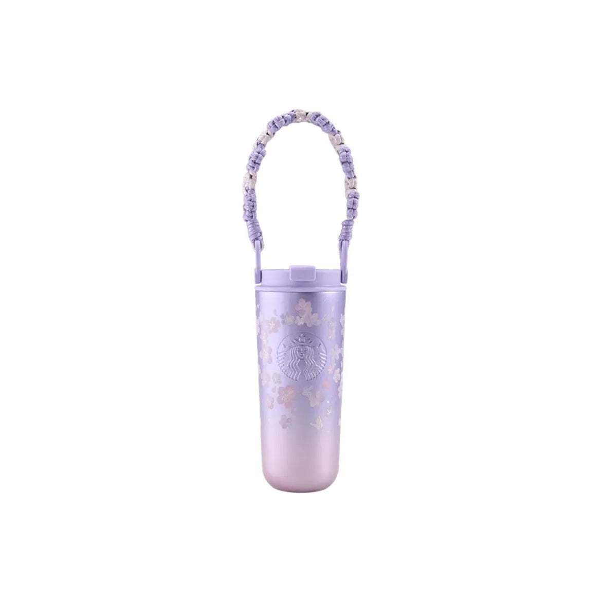 Starbucks Sakura lavender gradient travel bottle with cherry blossom design and macramé handle