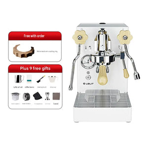 Front view of the white LELIT Mara X espresso machine with its gift accessories