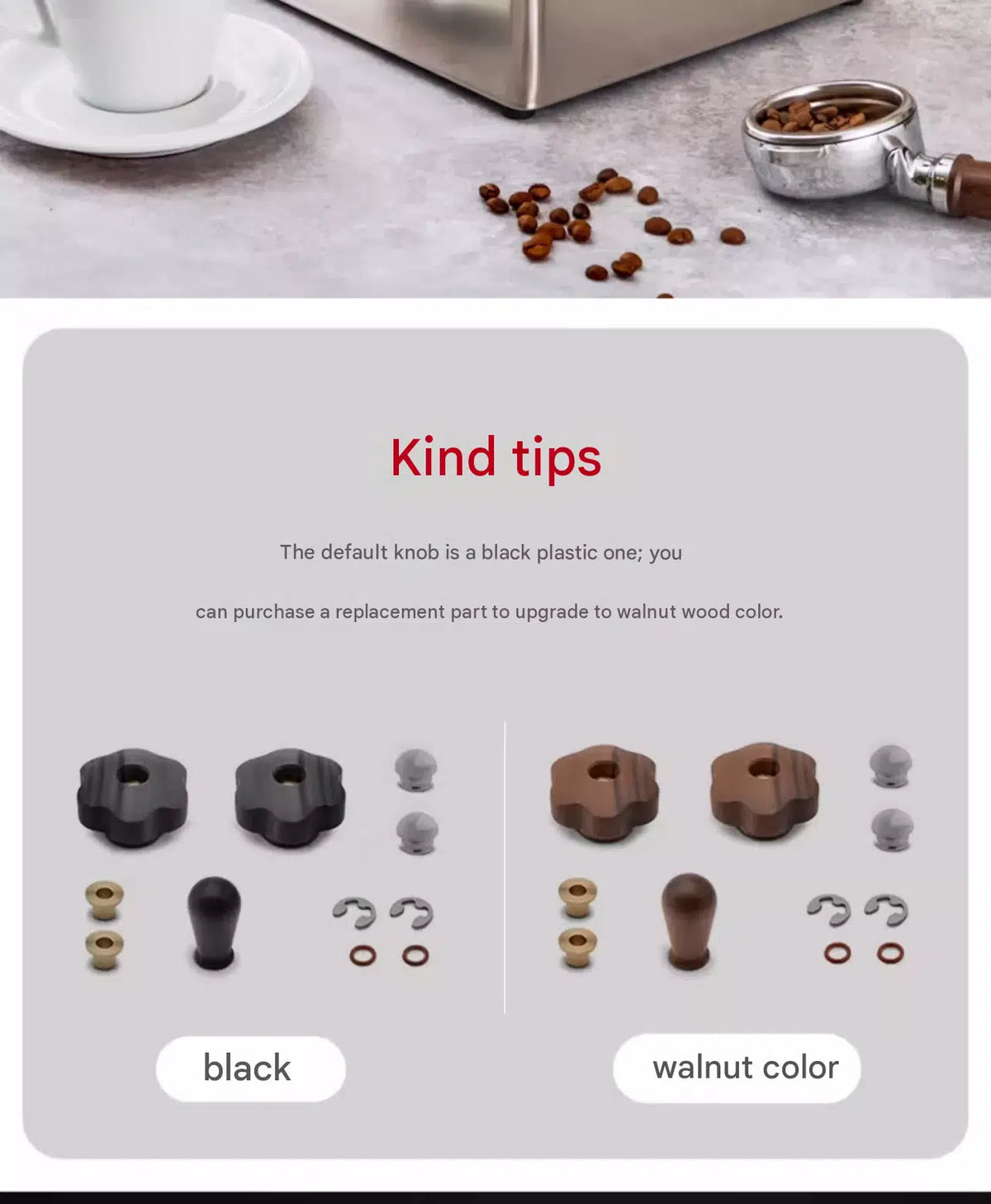 LELIT Mara X espresso machine replacement knob parts in black and walnut finishes