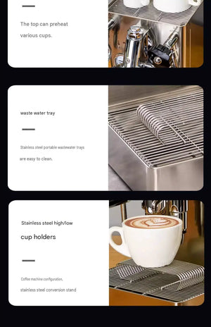 LELIT Mara X cup holder and waste water tray close-up with a cup on the tray