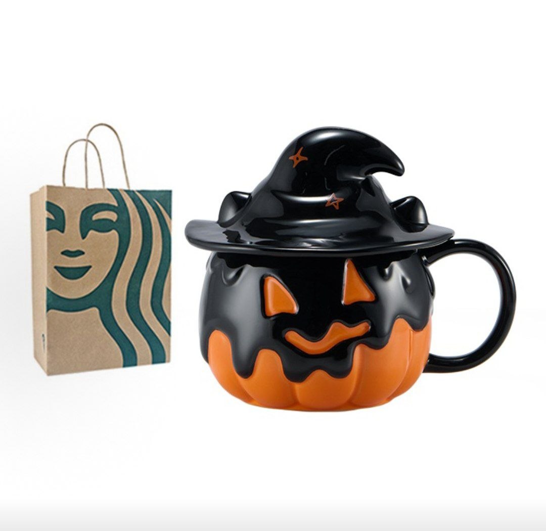 Starbucks halloween pumpkin cup with packaging bag, angled view