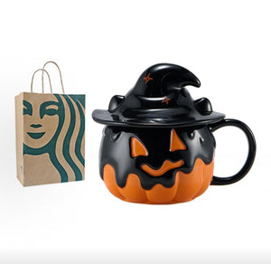 Starbucks halloween pumpkin cup with packaging bag, angled view