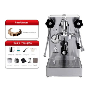 Front view of the silver LELIT Mara X espresso machine with its gift accessories