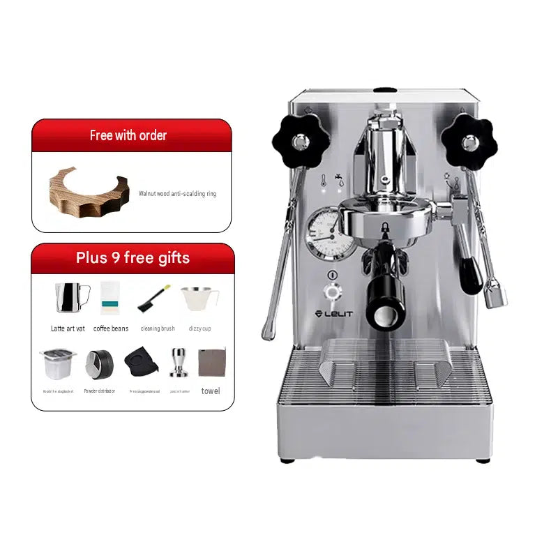 Front view of the silver LELIT Mara X espresso machine with its gift accessories